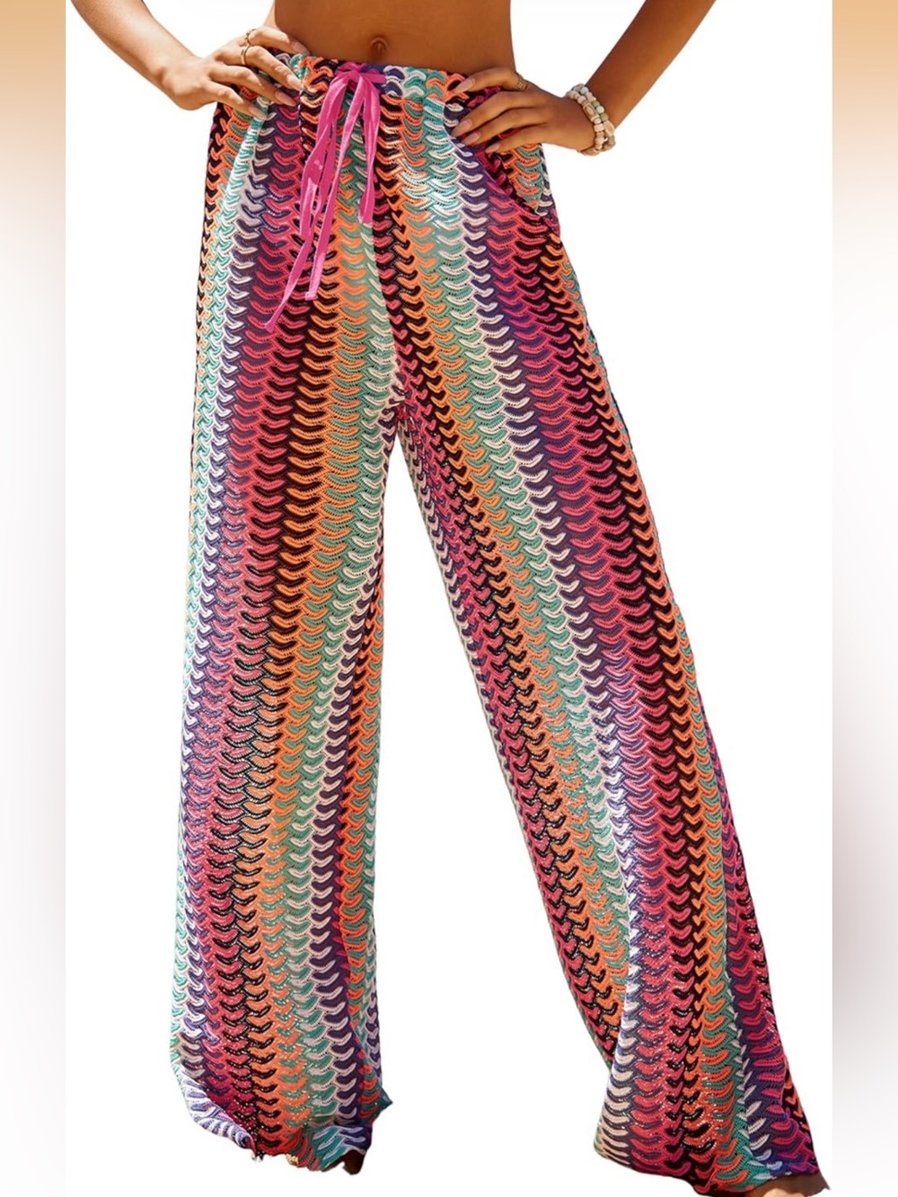 Beach Cover Up Pants Sexy Crochet Drawstring Elastic Boho Swimsuit Cover Up -S